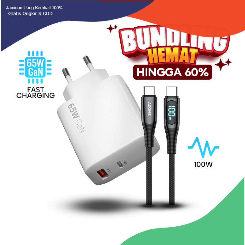 tocao.id ACOME Bundling Hemat Charger GaN 65W Dual Port Fast Charging (ACG65) + Kabel Data 100cm C T