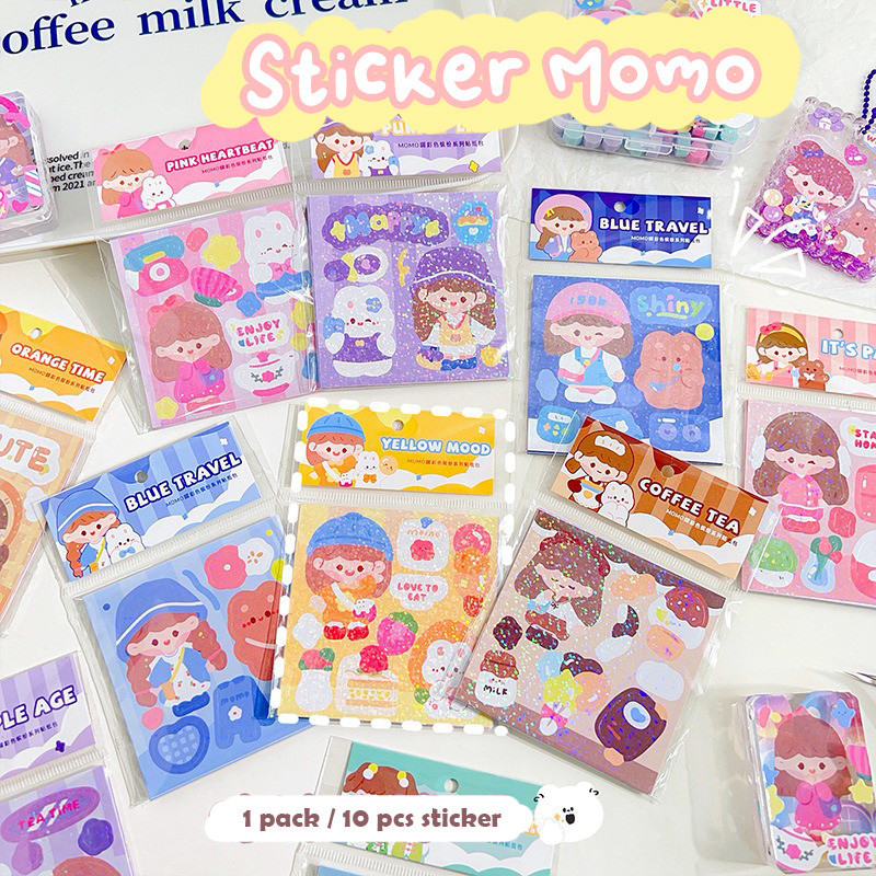 

SHINSDAY (10pcs) Sticker Momo Lucu Hologram Glitter Deco Stiker Aesthetic