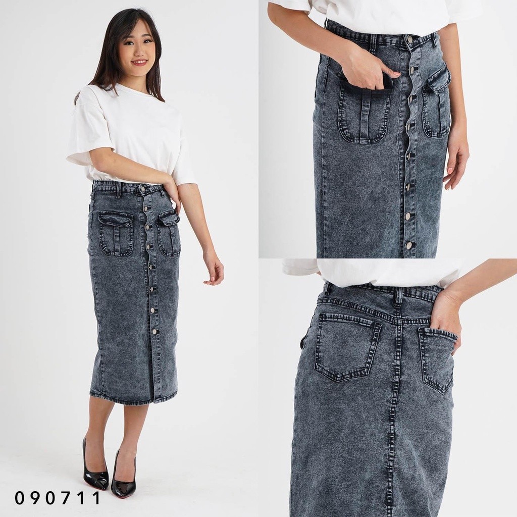 28-33 [4 Warna] Rok Jeans Panjang Span Kancing 8 Stretch Melar Trendy jins ukuran besar jumbo super 