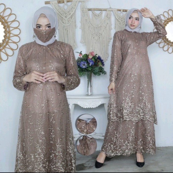 Gamis Brukat Malaysia - Gamis Brukat Tile - Dress Pesta Free Hijab - Dusty Pink, XXL