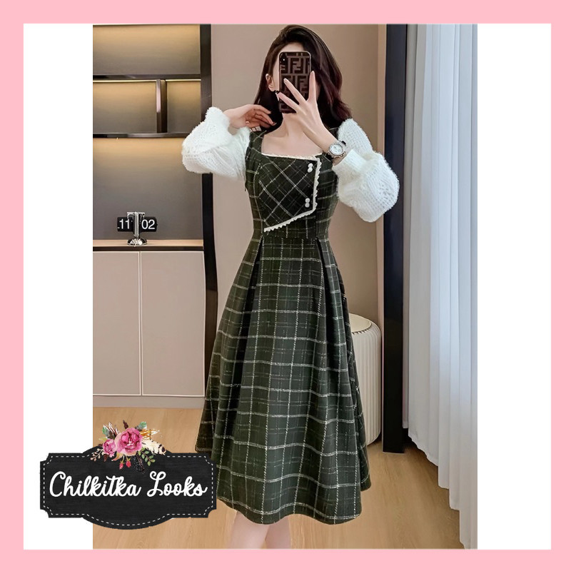 CHILKITKA LOOKS FASHION IMPORT Agreen Bludru Midi Korean Dress Import 5222