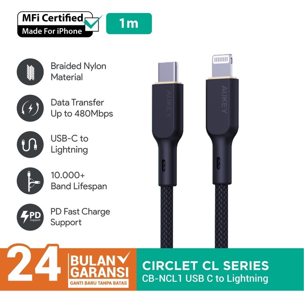 Kabel Charger iPhone Aukey CB-NCL1 USB-C to Lightning MFi