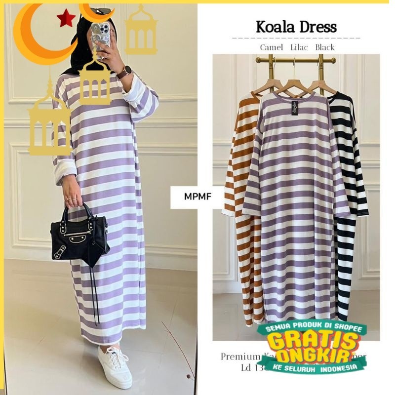 koala dress / zizza dress / gamis freesize ld 130-140 / gamis kaos jumbo /dress kaos salur garis-gar