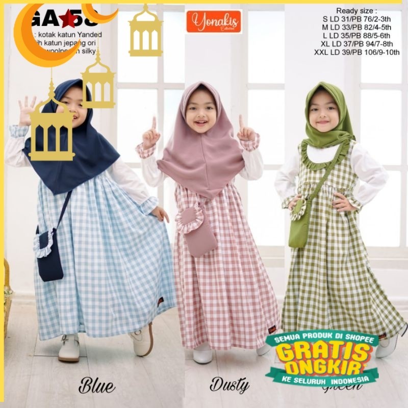 Yonakis Gamis Anak set Jilbab Motif Kotak Terbaru Usia 2-12tahun GA 56 dan GA 58 (Bonus Tas)/Maron m