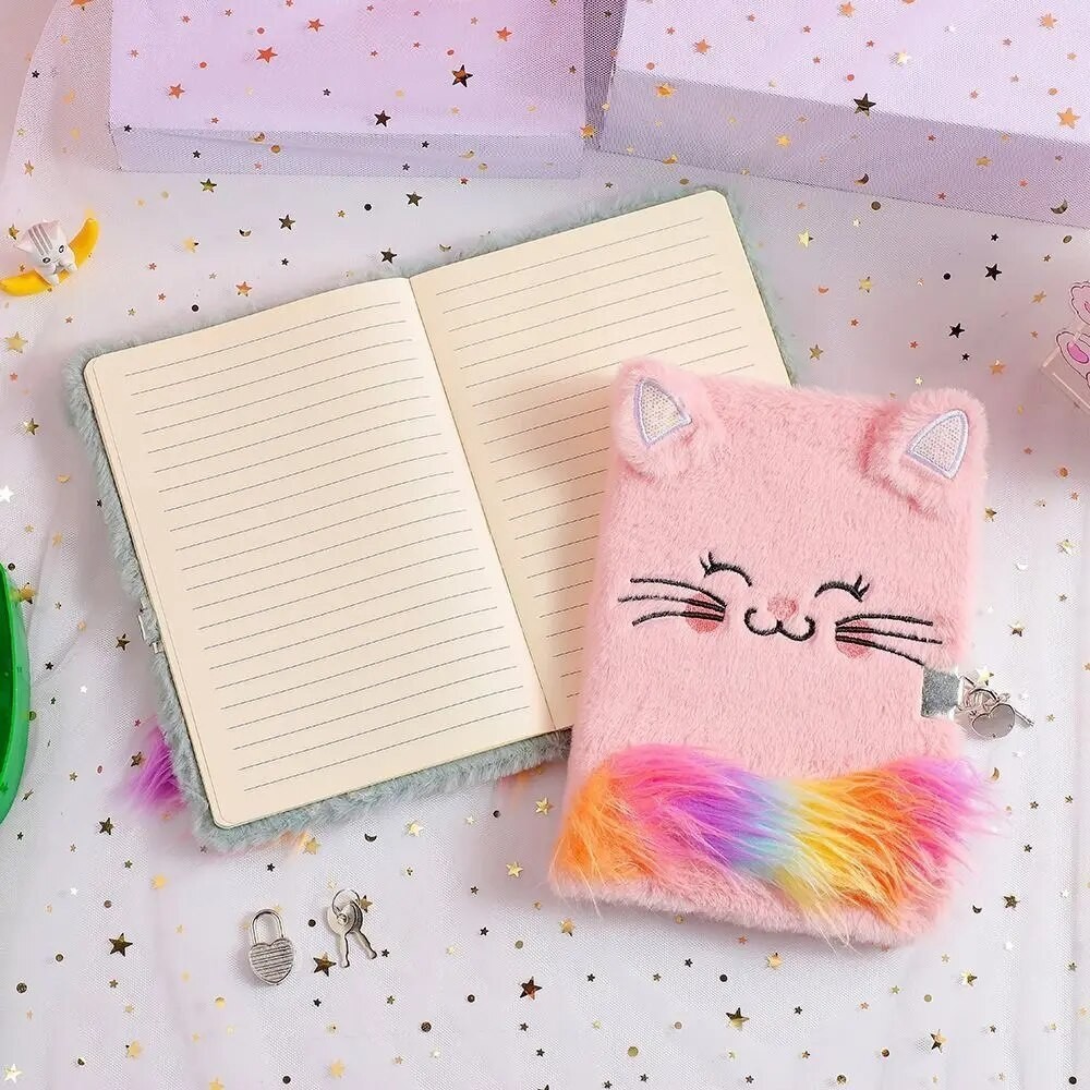 

A5 Cartoon Plush Cat Notebook Lockable Diary Book Children Girl Student Kindergarten Gift Stationery Supplies Writing Book