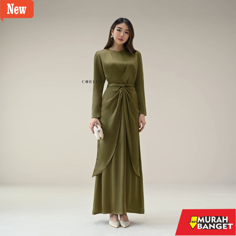 Gamis wanita untuk lebaran- TERBARU - CORLISS ELEA DRESS OLIVE NEW COLLECTION MATERIAL PREMIUM SATIN