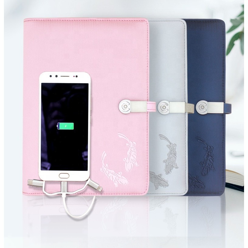 

Custom Luxury Personalised Leather Hard Cover Wireless Charging Phone A5 Notebook Diary Paper Notebook with Logo