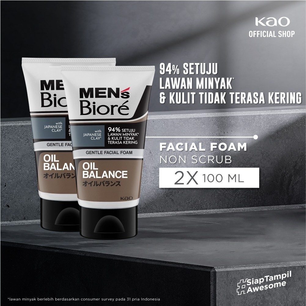 Men's Biore Non Scrub Sabun Muka Pria Untuk Kulit Berminyak Oil Balance Japanese Clay 100 gr Twin Pa