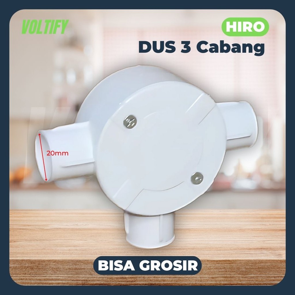 (Voltify) T Dus HIRO 3 Cabang 20 mm HIRO Putih Penyambung Pipa Kabel