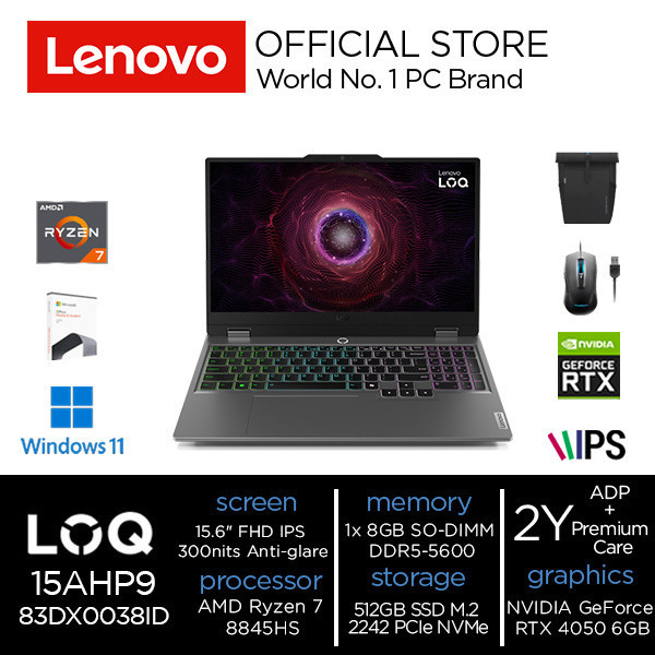 Lenovo LOQ 15AHP9 38ID Ryzen 7 8845HS 8GB 512GB 15.6" W11+OHS2021 RTX4050