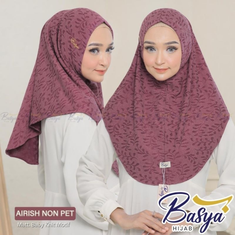 (BASYA KNIT) AIRISH NON PET•knit motif daun •jilbab instan Malay•kerudung instan dewasa motif•hijab 