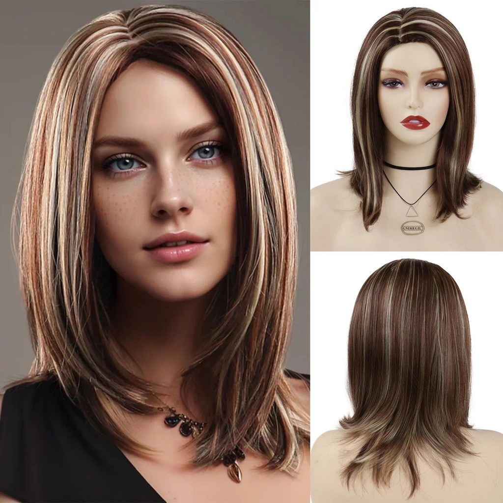 Bob Style Synthetic 18 Inch Blonde Mix Brown Long Straight Wigs for Women Shoulder Length Wig Daily 