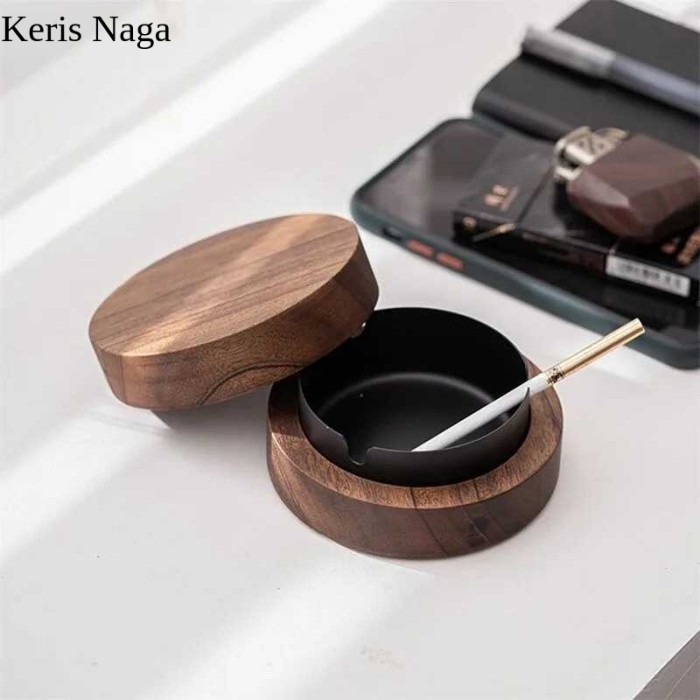 Asbak Rokok Wood Stainless Steel Cigarette Ashtray with Lid - KS55 - Appiliance Store - Brown/Black 