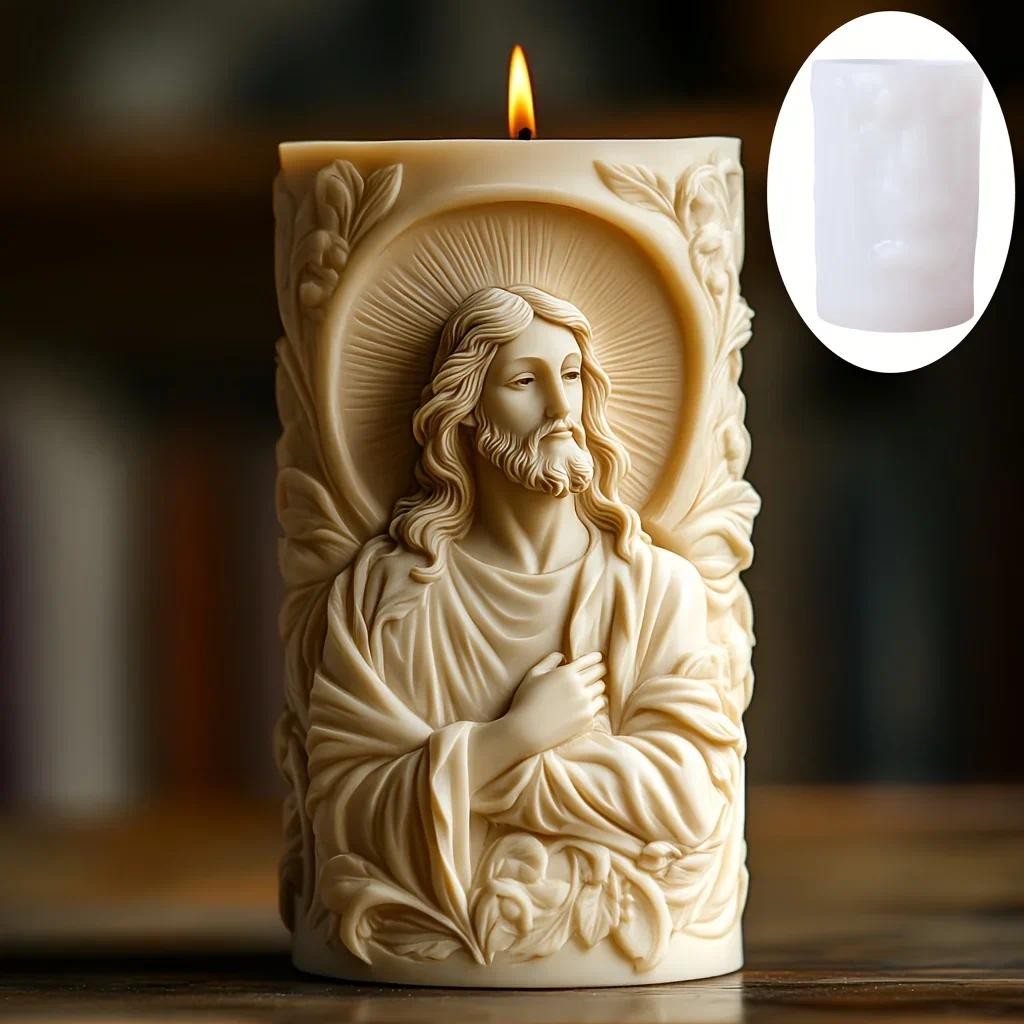 

Prayer Jesus Relief Cylinder Candle Silicone Mold Flower Jesus Statue Relief Resin Mould Jesus Sculpture Concrete Gypsum Molds