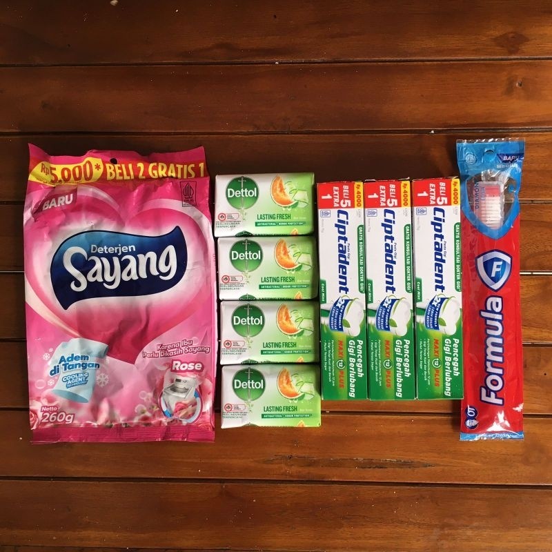 Paket Detergen Sayang 1pcs Sabun Dettol 4pcs + odol Ciptaden 75gr 3pcs + Sikat gigi Formula 1pcs (wa