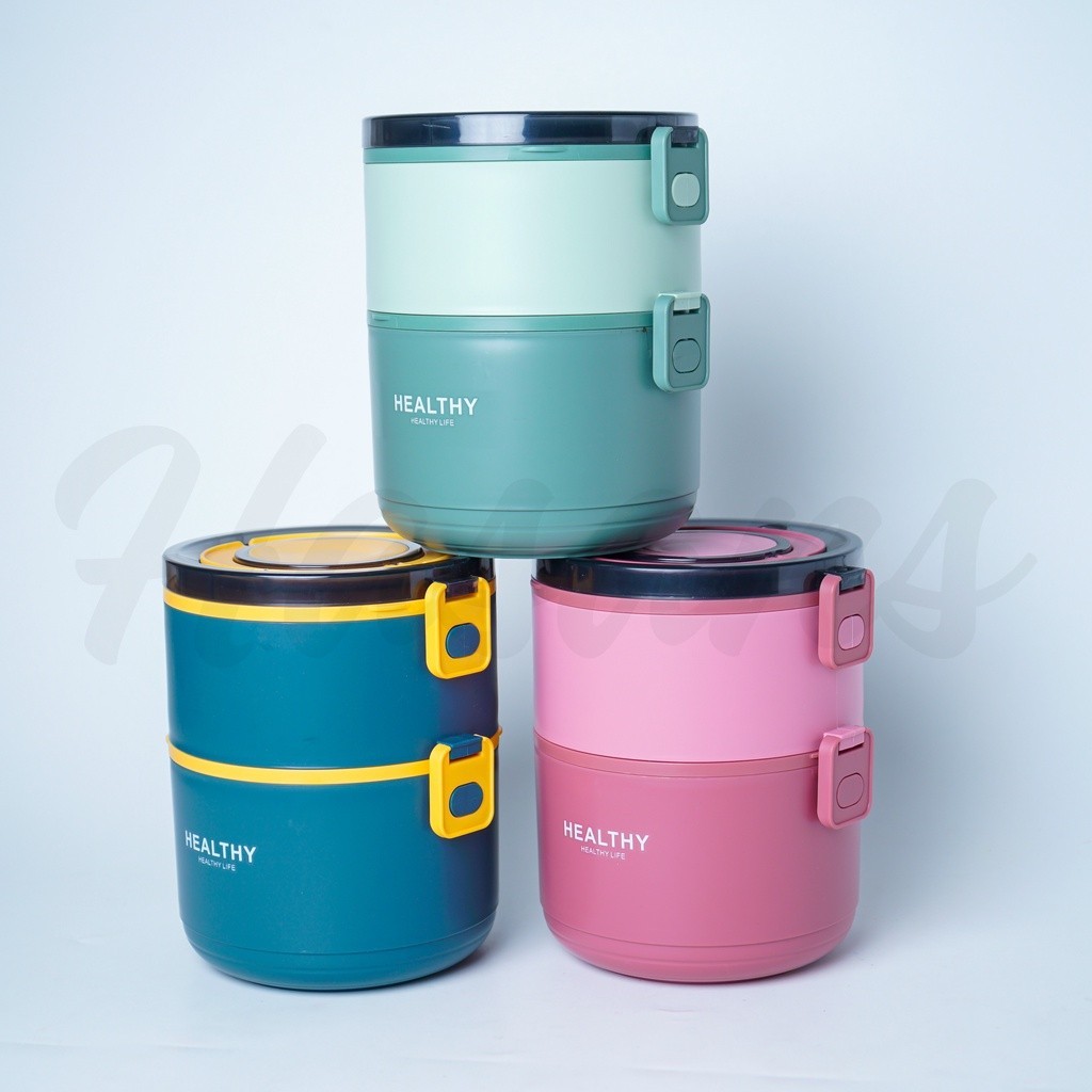(HASANS HOME)Set Kotak Bekal Makan 2 Tingkat / Round Lunch Box 2 Layer Hs20013