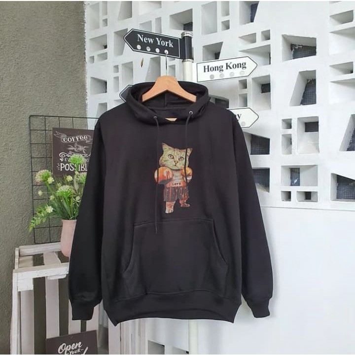 Hoodie Pria Kekinian Outfit Fashion Cowok Casual Boxing Cat Murah Premium