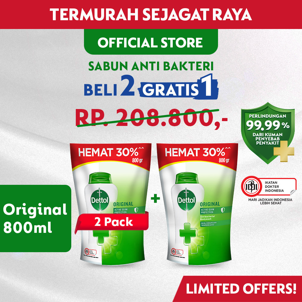 Dettol Sabun Mandi Cair Anti Bakteri Original 800gr x3