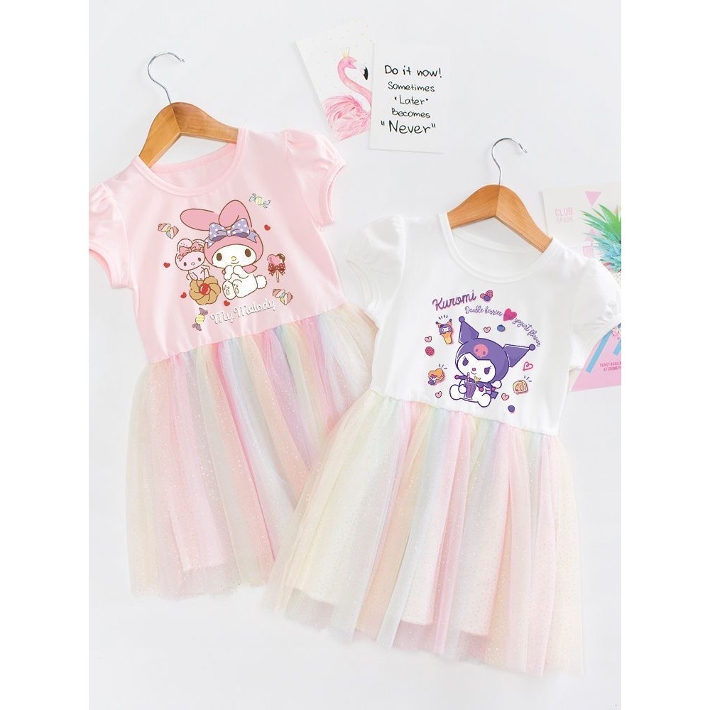 Kieskids Gaun Tutu Kuromi Melody Rainbow Pakaian Anak Perempuan Katun Organza