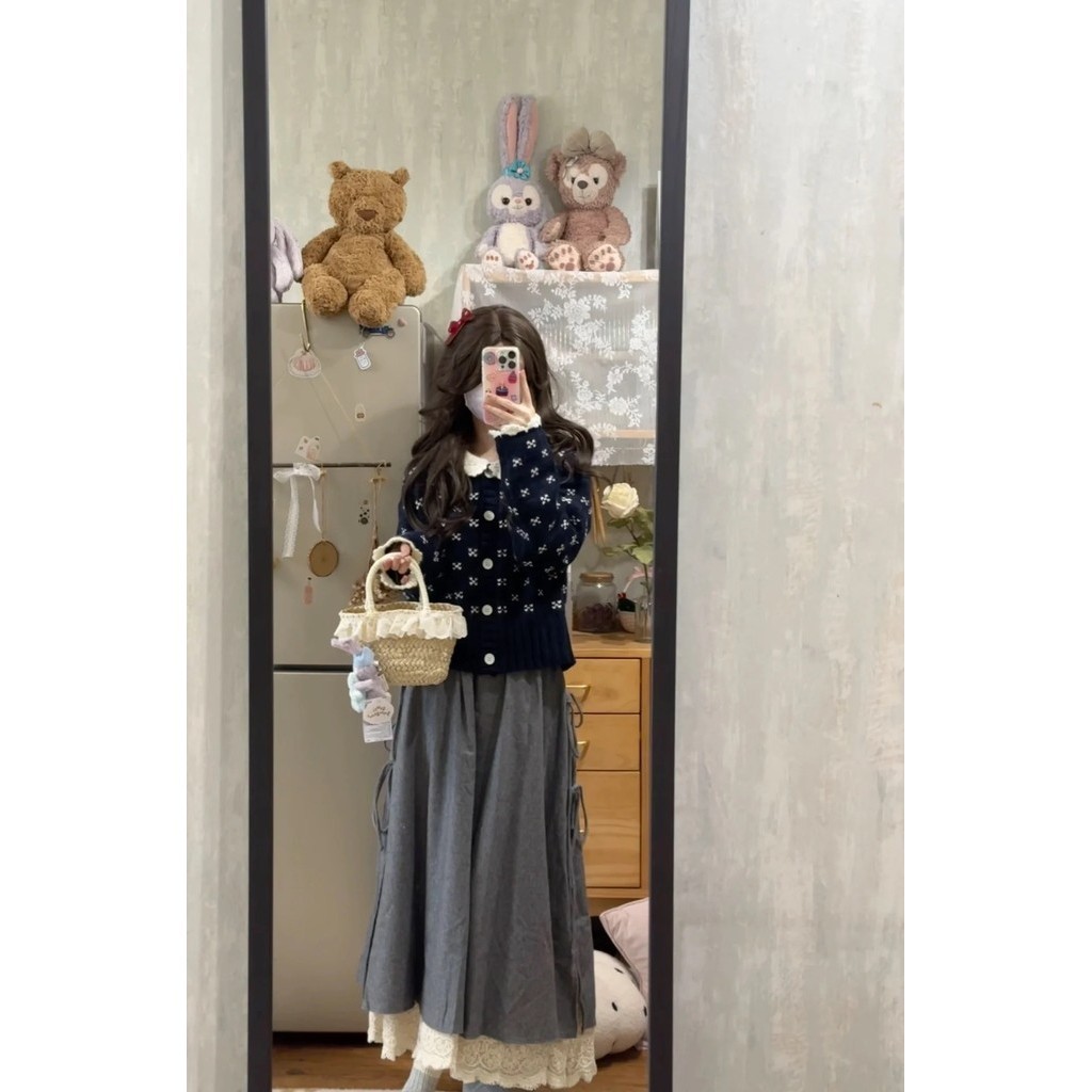 Academy style outfit with retro crochet patchwork knit cardigan jacket, autumn/winter lace up long s