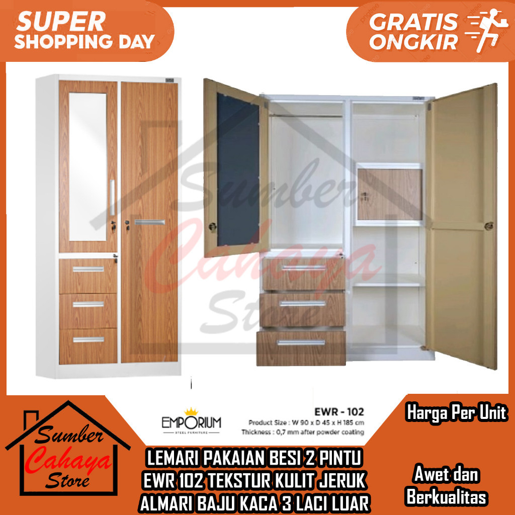 

PROMO SPESIAL [Instan] LEMARI PAKAIAN BESI 2 PINTU EWR 102 TEKSTUR KULIT JERUK ALMARI BAJU KACA 3 LACI LUAR GROBOK 2 PINTU PLES KUNCI CERMIN DALAM MINIMALIS KUAT KOKOH MODERN SANDANG RAK TEMPAT PENYIMPANAN BARANG CABINET KABINET RUANGAN LUAS BOARD