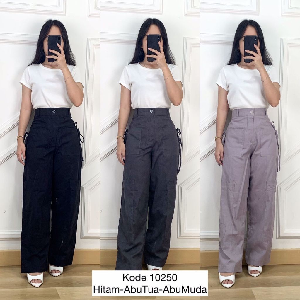 10250 CELANA CARGO KATUN POLOS PANJANG VARIASI SATU BUTTON SLETING DEPAN PINGGANG KARET TWIN POCKET 