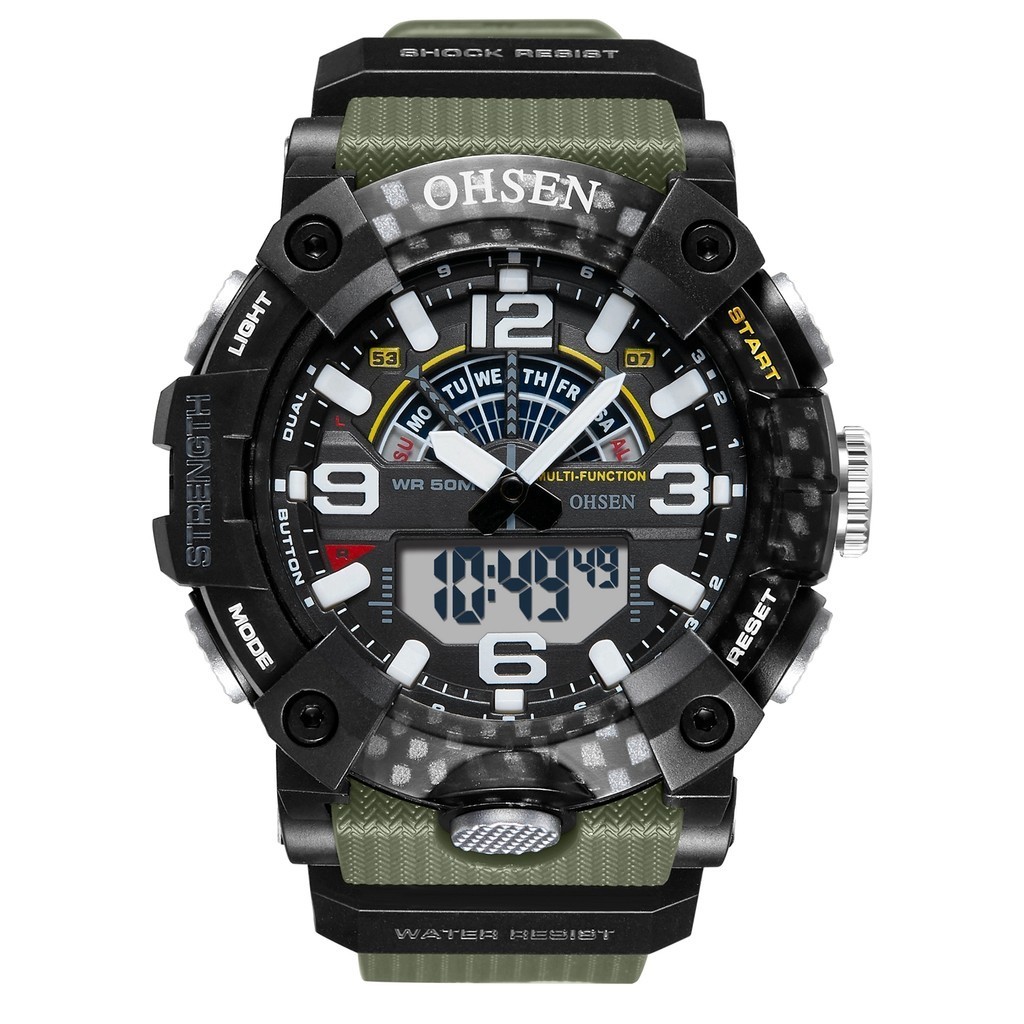 OHSEN jam tangan modis luar ruangan pria arloji multifungsi 5 Bar tahan air Digital hitam
