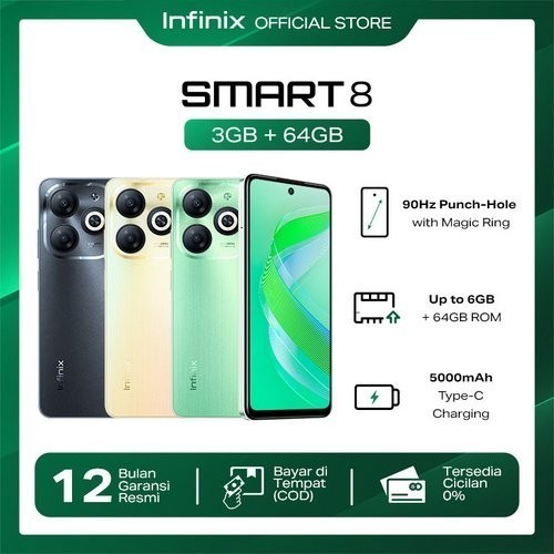 Infinix Smart 8 3/64GB- Up to 6GB Extended RAM - 90Hz Magic Ring Puch Hole Display - Unisoc T606 - 5