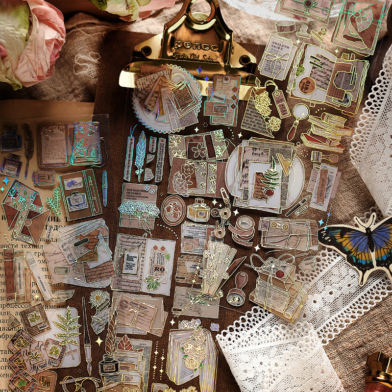 

MOHAMM 3 Sheets PET Waterproof Gold Foil Vintage Scrapbook Stickers for Journaling Album Art Craft Gift Scene Collage