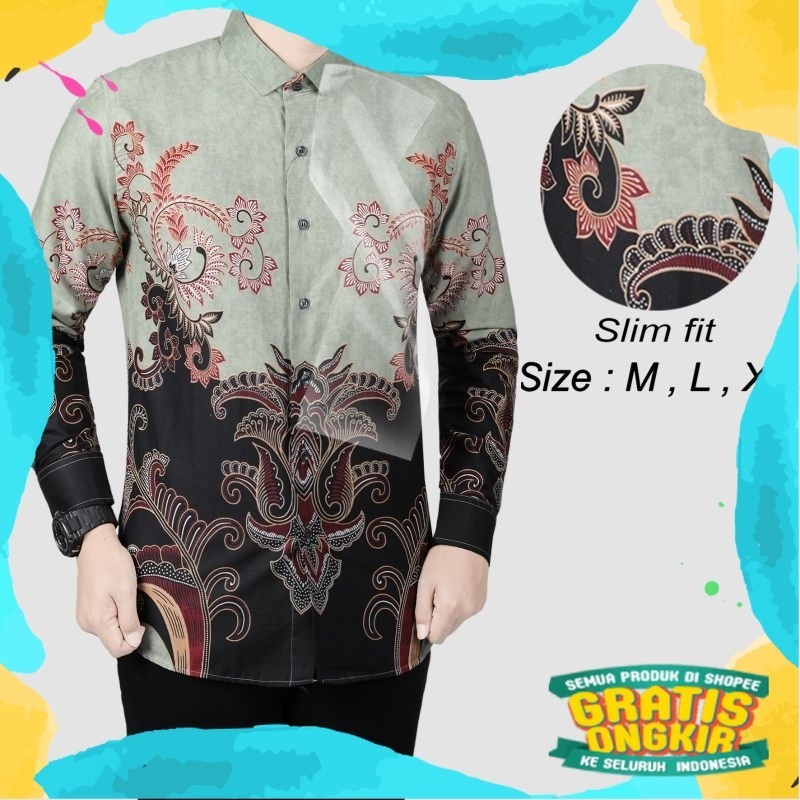 SAGE BATIK KEMEJA BATIK SLIMFIT PREMIUM GREEN MINT/ Gemoy