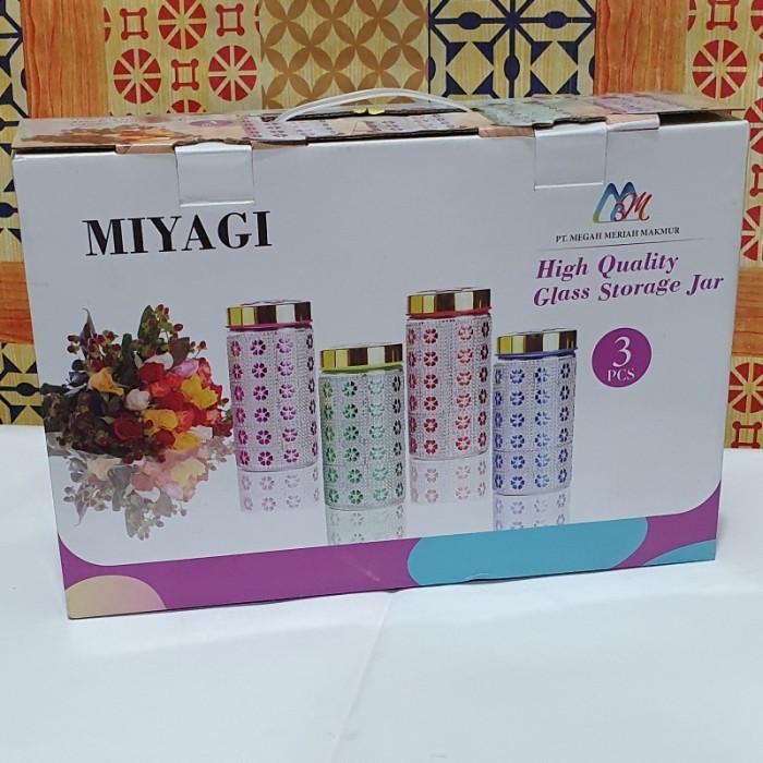 Toples kue kaca 3pcs Miyagi / toples kue lebaran besar 3pcs