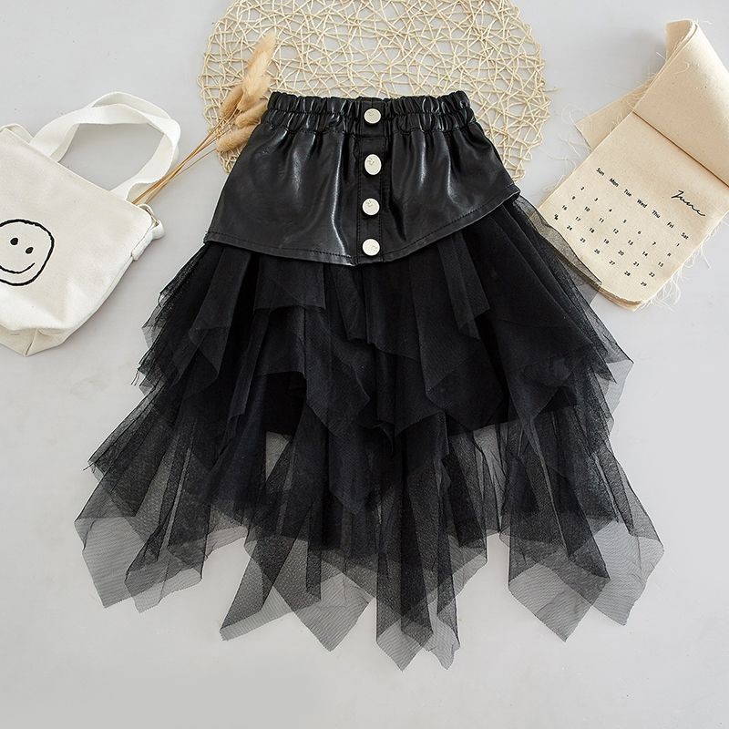 Girls' Half Skirt New Mesh Skirt Leather Skirt
