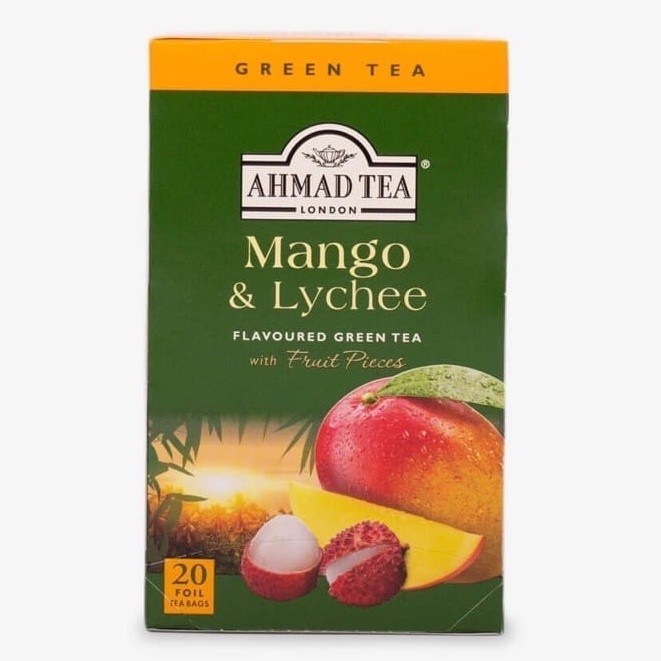 

AHMAD TEA MANGO & LYCHEE FLAVOERED GREEN TEA WITH FRUIT PIECES 20 FOIL YEA BAGS