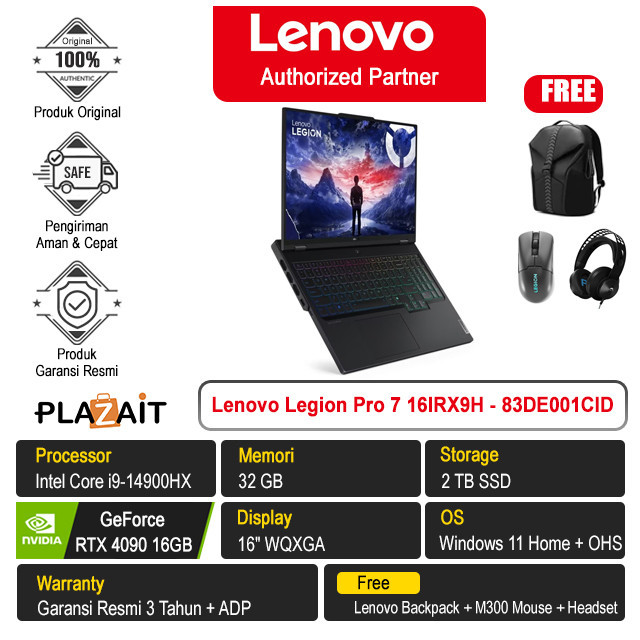 Laptop Lenovo Legion Pro 7 16IRX9H – 83DE001CID /Intel Core i9-14900HX/32GB/2TB SSD/RTX4090 16GB/16″ WQXGA/Win 11 Home+OHS 2021/Eclipse Black/3Y