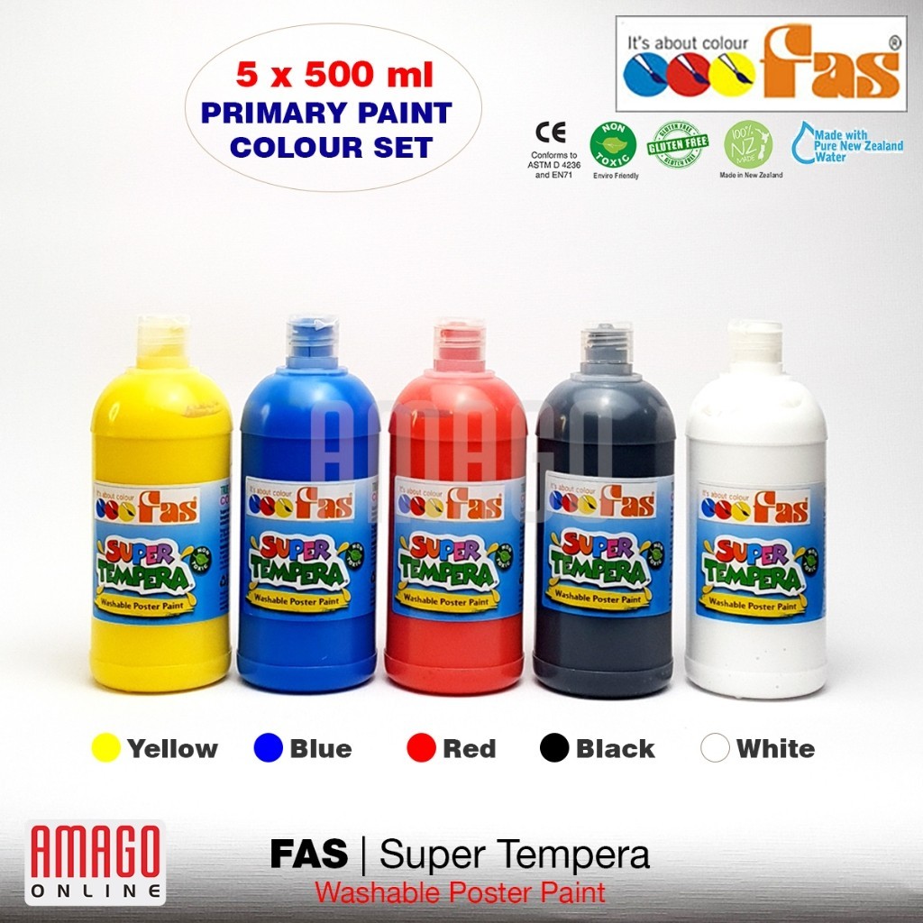 

Paket 5 Warna FAS Super Tempera - Yellow - Blue - Red - Black - White - 5 x 500 ml