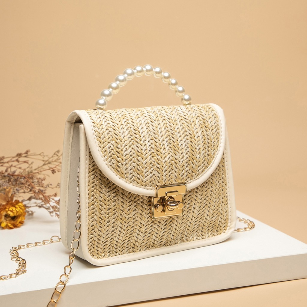[COD] Tas Tangan Pegangan Tangan Jalinan Jerami Mutiara Tiruan untuk Wanita Elegan | Tas Tangan Pest
