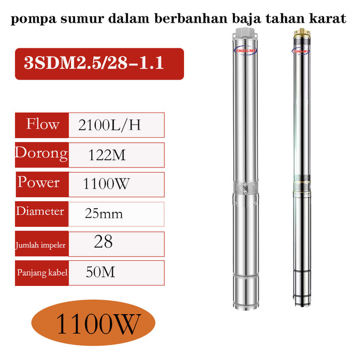 Pompa satelit 3 Inch1.5 HP 1100Watt kabel 50M pompa Stainless Steel Pompa Air Celup Sumur TSOLUMY