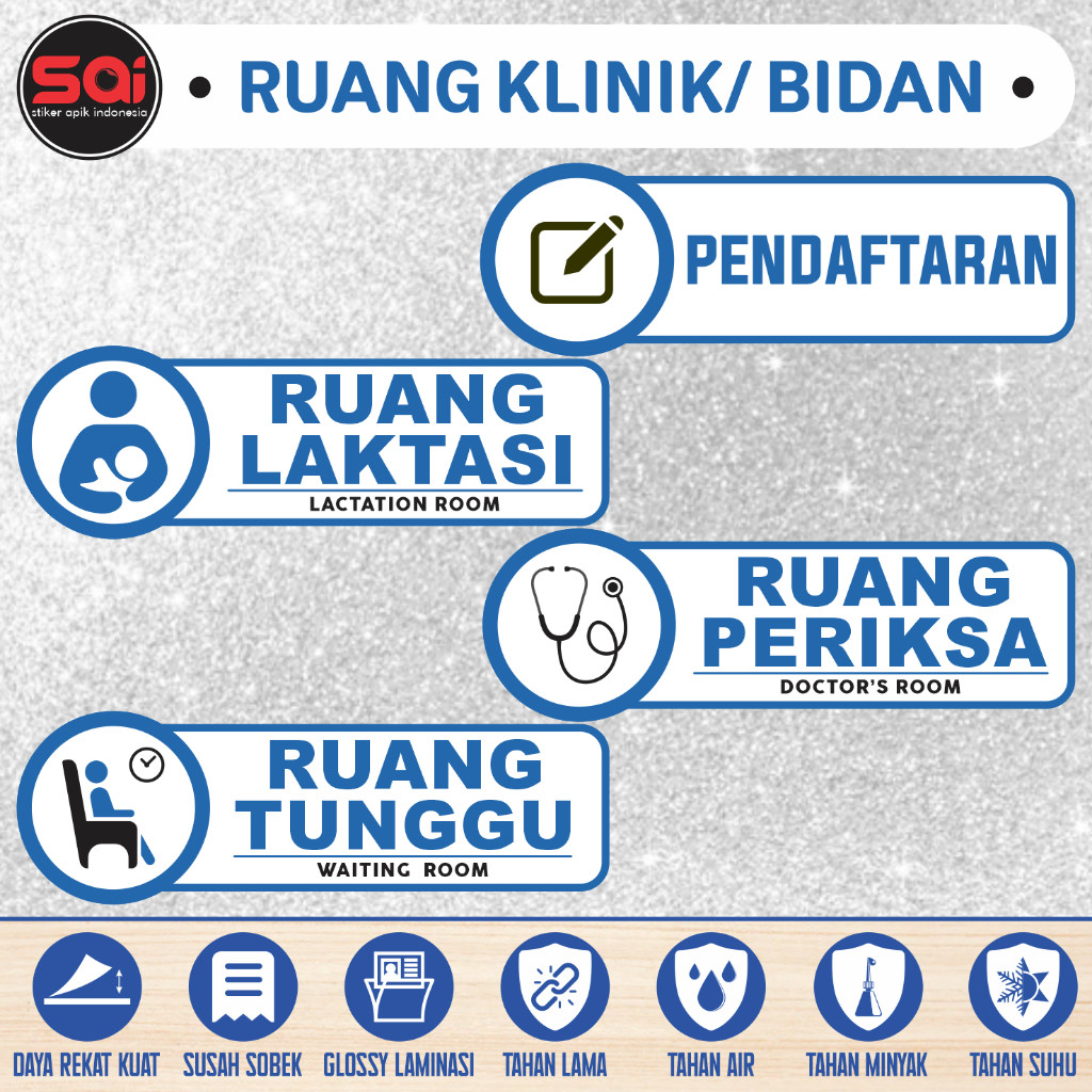 

stiker vinyl anti air PENDAFTARAN, RUANG LAKTASI, RUANG PERIKSA, RUANG TUNGGU laminasi glossy