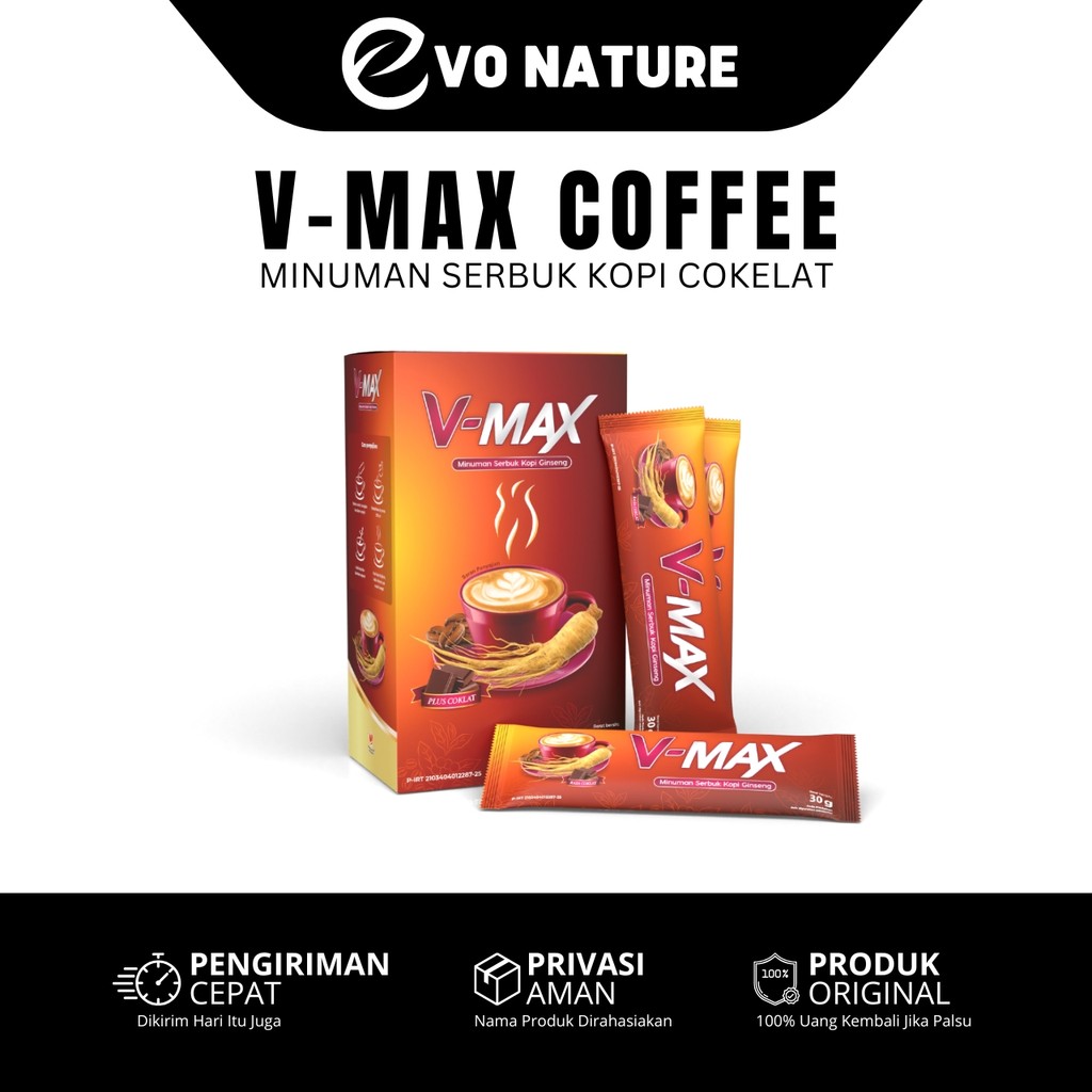 

V-MAX Kopi Ginseng Original Rasa Cokelat Asli BPOM Halal MUI 1 Box 10 Sachet