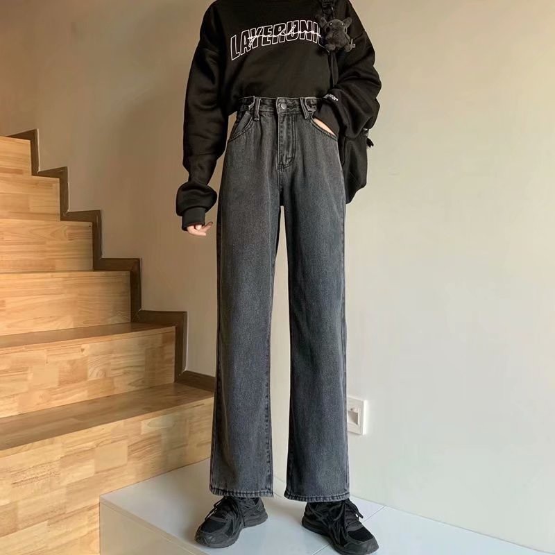​Celana Jeans High Waist Wanita - Gaya Korea Loose - Warna Abu-abu Gelap​