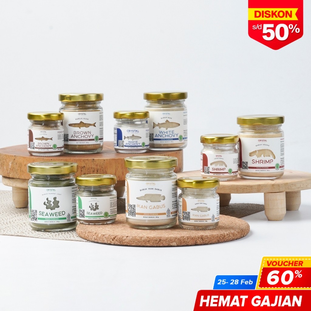 

Cystal of the Sea - Bundle 5 Food Powder (20GR & 10GR) | Bubuk Ikan Teri Nasi | Bubuk Udang Rebon | Bubuk Teri Jengki | Bubuk Rumput Laut/Umami | Bubuk Ikan Gabus / Penyedap Kaldu MPASI NON MSG PAKET HEMAT