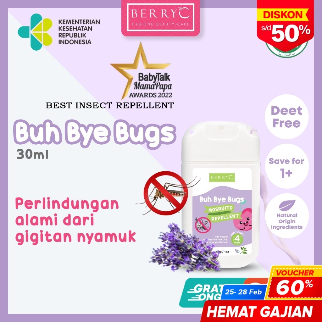 BerryC Buh Bye Bugs 30ml Anti Nyamuk Spray Anak Bayi Dewasa Alami No DEET Mosquito Repellent Natural