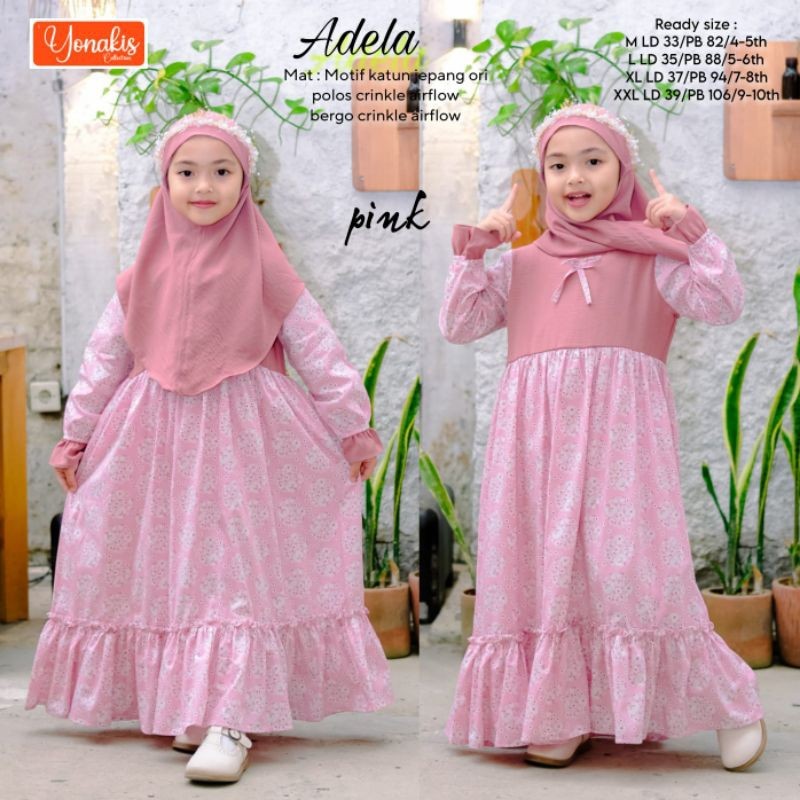 ELLAMOURE - Gamis Anak Motif Katun Jepang Terbaru set Bergo Crinkle Adela series by Yonakis