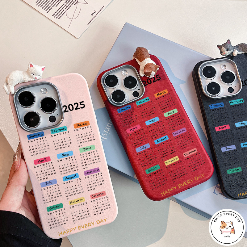 Pasangan Trendi Lucu Kalender Tahun Baru 2025 Gelang Kucing 3D Penutup Case Kompatibel Untuk IPhone 