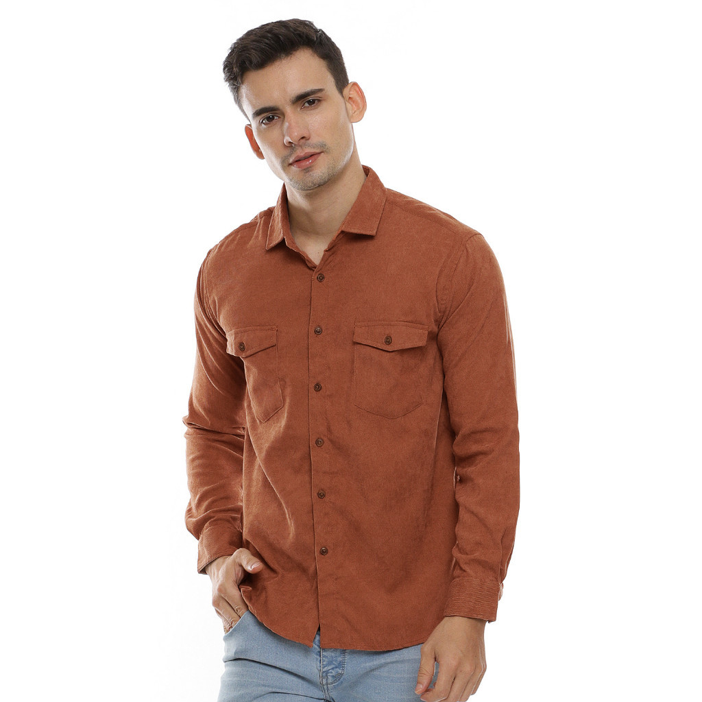 Kemeja Polos Pria Kodorai Lengan Panjang Kantong Dua Warna Coklat OLR818