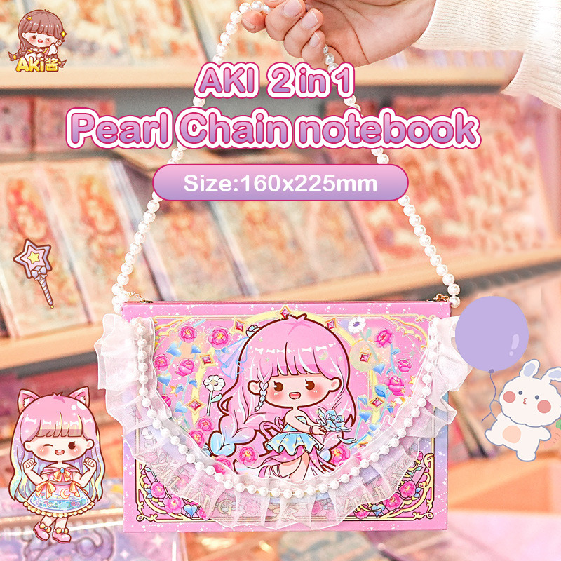 

Cute notebook Illustration Diary Book with pearl chain Hardcover Planner School Office Stationery
