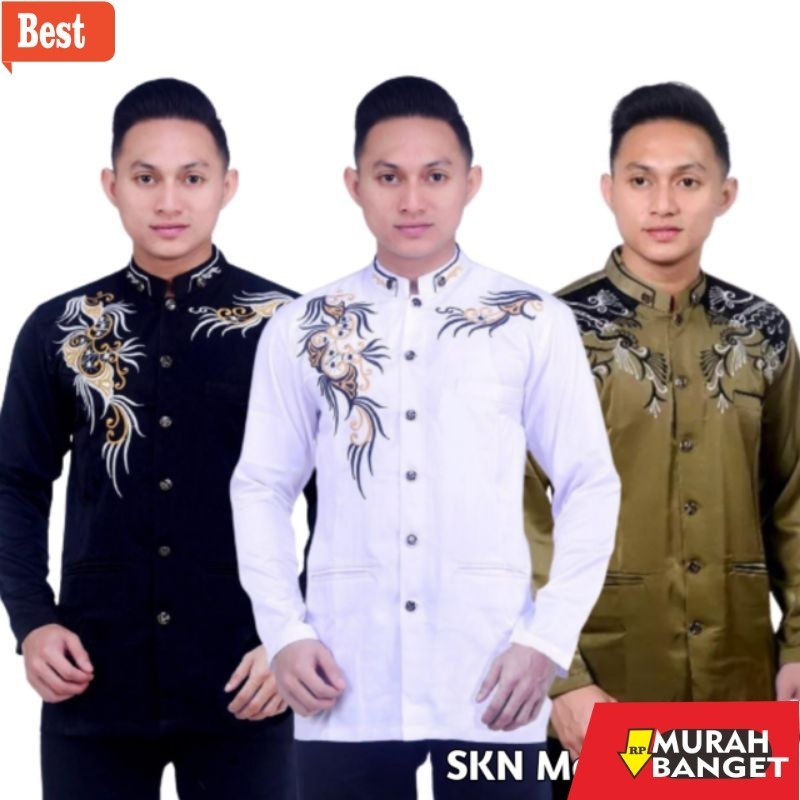 Baju muslim lengan panjang- SKN Jasko Motif MERAK Koko Modern Semi Jas Bordir Timbul Baju Muslim Pri
