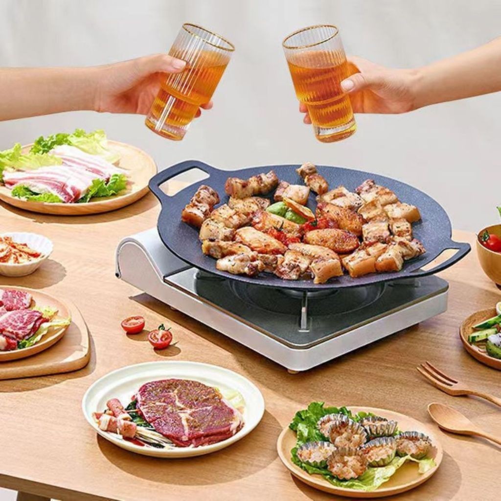 Panggangan BBQ Bulat Korean Grill Pan Plate / Wajan Kuali Panci Teflon Konduksi Daging Steak Beef Ik