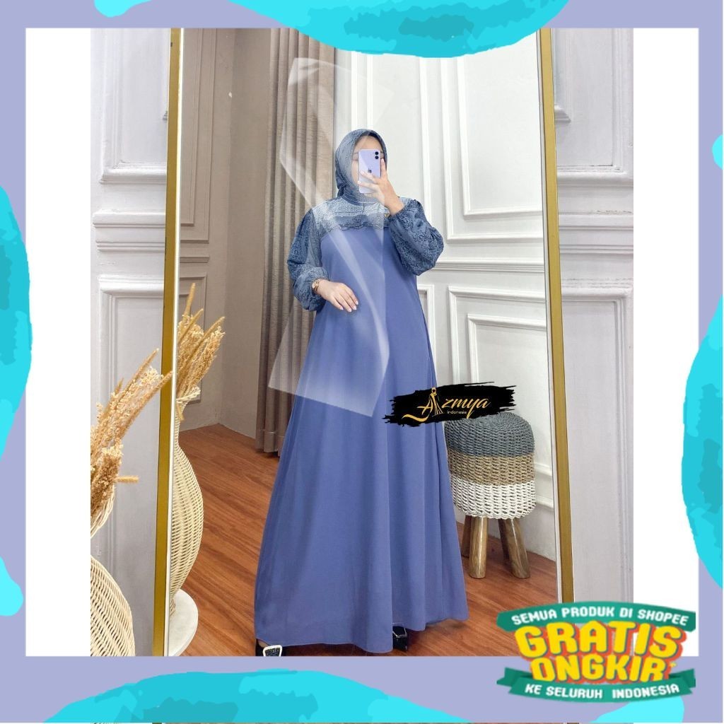 ELLENA SET Hijab Segiempat Dress Bahan Ceruty Babydoll Motif - Gamis Setelan Jilbab/Ramdhan Lebaran