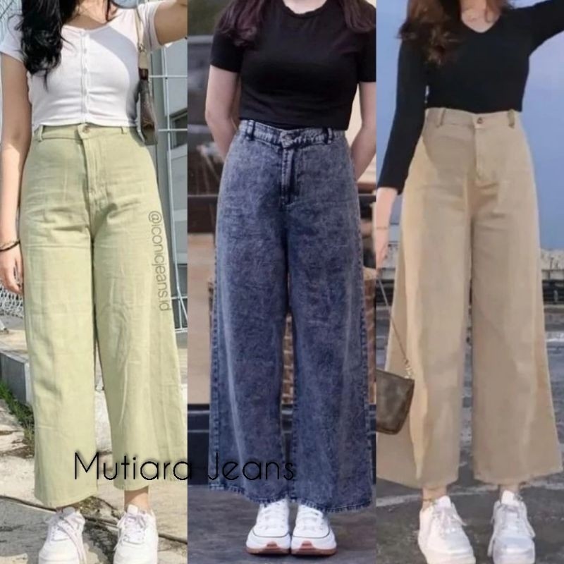 Teruwuw Celana jeans wanita highwaist kulot wanita panjang jins Loose korea jeans Mutiara jeans